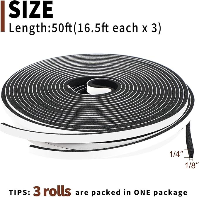 Yotache Weather Stripping Door Seal Strip 1/4" x1/8", New Adhesive Foam Insulation Seal Tape for Door Jamb Frame, Windows, 3 Rolls x 16.5ft, Total 50ft Long