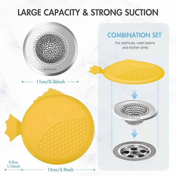 TRAPMATE Bathtub Drain Stopper/Protector/Hair Catcher Shower Drain/Easy Clean Hair Trap Strainer & Silicone Stopper for Tub, Sink (Yellow)