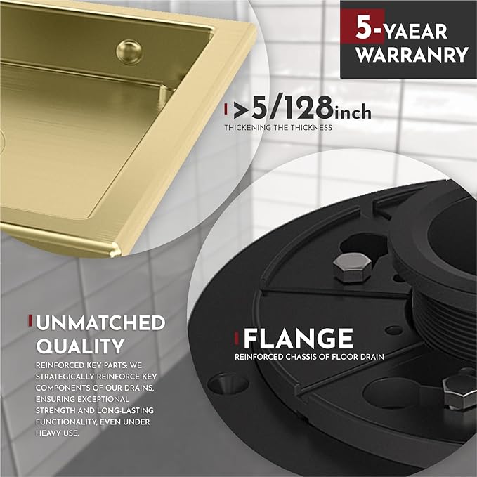 WEBANG 6 Inch Square Shower Floor Drain with Flange,Quadrato Pattern Grate Removable,Food-Grade SUS 304 Stainless Steel,Watermark&CUPC Certified, Brushed Gold