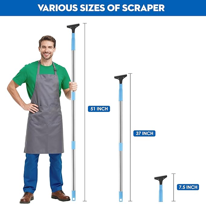 Silver Floor Scraper with 10 Replacement Blades - 4" Razor Blade, Stainless Steel Adjustable Long Handle (37" to 51"), Heavy-Duty Scraper Tool for Cleaning Stove Tops, Glass, Tiles, Walls & Labels