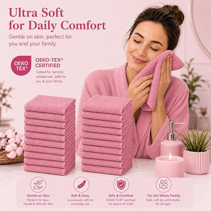 24 Pack Washcloths, 12x12 Lightweight Cleaning Towels, 100% Ring Spun Cotton, Bulk Utility Rags for Kitchen, Cleaning, Workshop, Garage, Reuseable and Long Lasting (Mauve/Dust Rose)