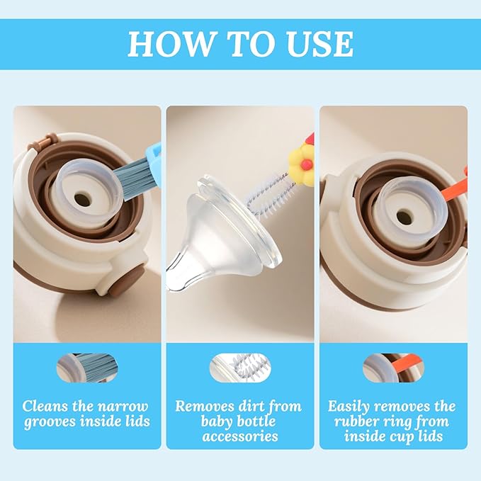 6Pcs 3 in 1 Bottle Brush, TACYKIBD Multifunctional Cup Lid Cleaning Supplies Water Cup Cleaner, Portable Small Crevice Cleaning Brush Tools for Baby Bottle Gap Tight Spaces