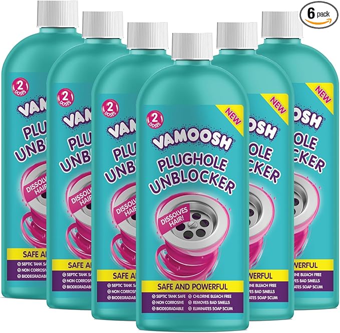 Vamoosh Drain Clog Remover | Dissolves Hair | Bleach-Free Shower & Sink Drain Cleaner | Septic Tank Safe | Fast-Acting | Safe & Powerful | 20fl oz (Pack of 6)