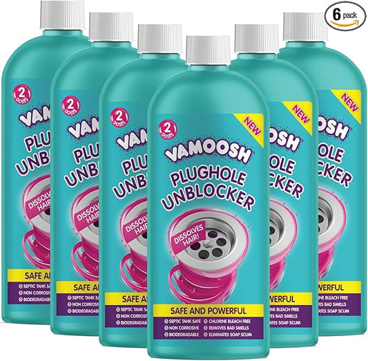 Vamoosh Drain Clog Remover | Dissolves Hair | Bleach-Free Shower & Sink Drain Cleaner | Septic Tank Safe | Fast-Acting | Safe & Powerful | 20fl oz (Pack of 6)