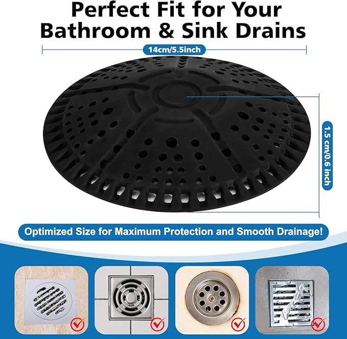 ZOOY Shower Drain Hair Catcher, 2 Pack 5.5 Inch Silicone Large Drain Cover, Bathroom Hair Drain Catcher, Flat Anti-Clog Hair Trap for Shower, Bathtub, Tub & Sink Hair Strainer(Dark Grey)