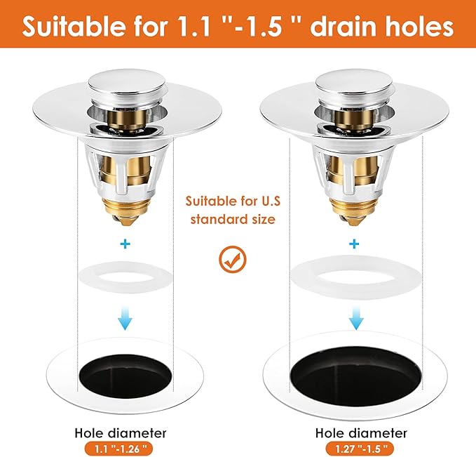 Universal Bathroom Sink Stopper, Basin Pop-up Bathroom Sink Drain Strainer, Bathroom Drain Stopper with Stainless Steel Hair Catcher for 1.1-1.5 Inch Drain(2 PCS, Silver)