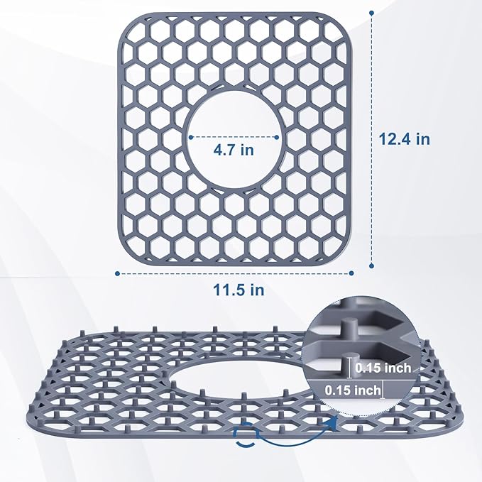 2 Pack Silicone Sink Protectors for Kitchen Sink with Center Drain - 12" x 11" Kitchen Accessory, Non-Slip Heat-Resistant Mat for Bottom of Porcelain Stainless Steel, Dishwasher Safe
