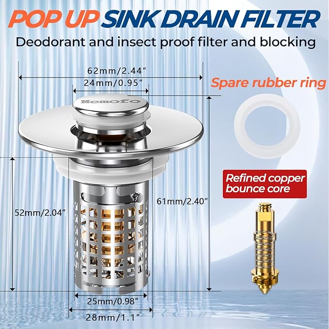 Bathroom Sink Drain Strainer, Stainless Steel Pop-up Strainer Basket Hair Catcher with Removable Basket, Brass Bullet Core, Universal Fit 1.1-2.36 Inch