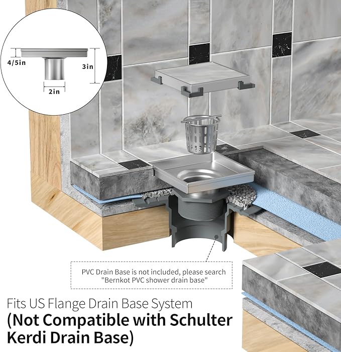 Square Shower Drain 8", Matte Black Floor Drain with Tiled Insert Grate & Hair Strainer, 304 Stainless Steel Bathroom 2-in-1 Tiled in Drain, CUPC Certified (Matte Black, 8'')