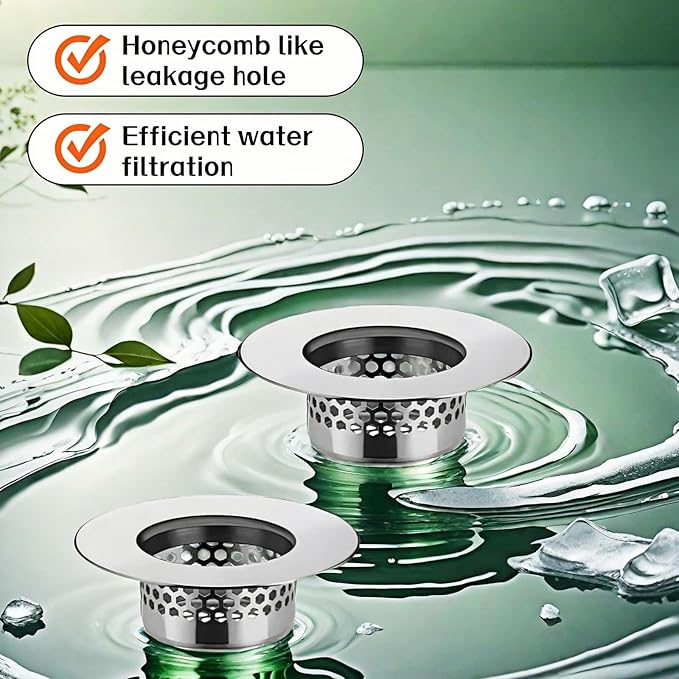 Bathroom Sink & Bathtub Drain Filter Strainer Set - 2 Pack Hair Catcher with Universal 1.25-1.6 Inch Drain Cover for Shower, Vanity, RV Sink - Anti-Clog, Easy-Clean, Gap-Free Design