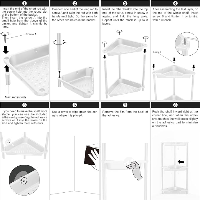 ODesign 3 Tier Corner Shower Caddy Standing Floor Standing Corner Shower Caddy Organizer Shower Table Plastic Metal Splicing Shelf Storage Rack for Bathroom White- Rustproof