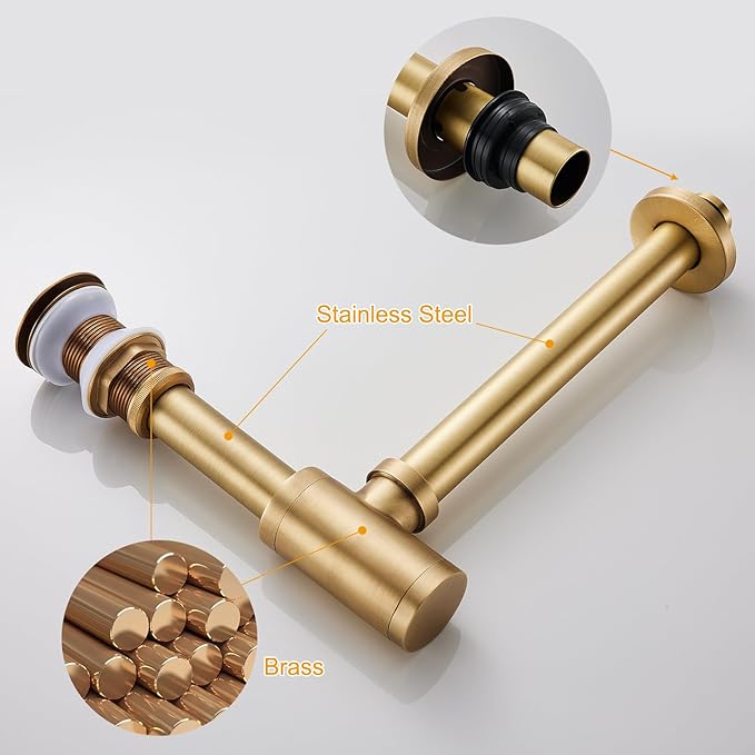 Solid Brass Bathroom Sink P-Trap Complete Set, Adjustable 1-1/4 Bottle Trap with Pop Up Drain Stopper without Overflow, Antique