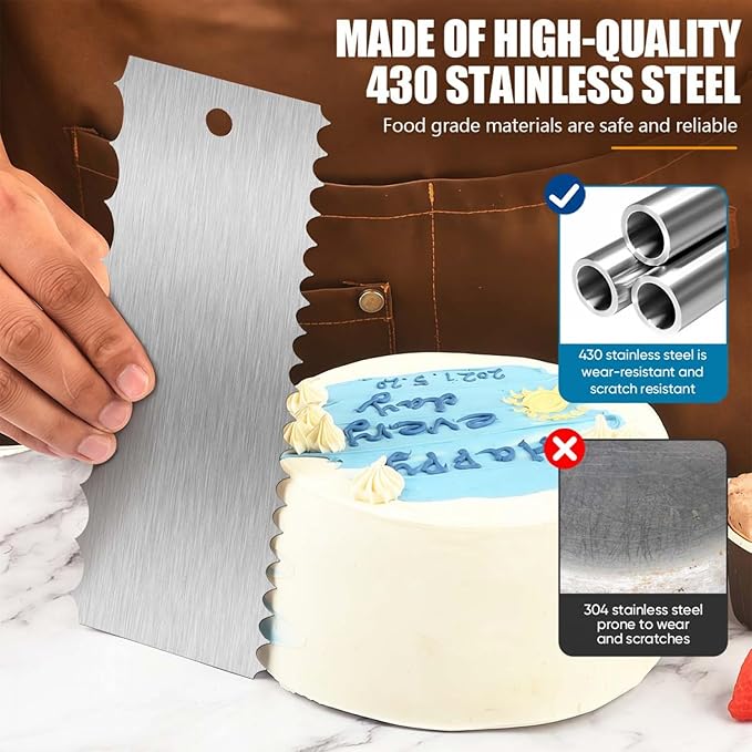 SenseYo 6 Pcs 9 Inch Stainless Steel Cream Cake Scraper Smoother Comb with Double Sides for Decorating Icing Mousse Butter