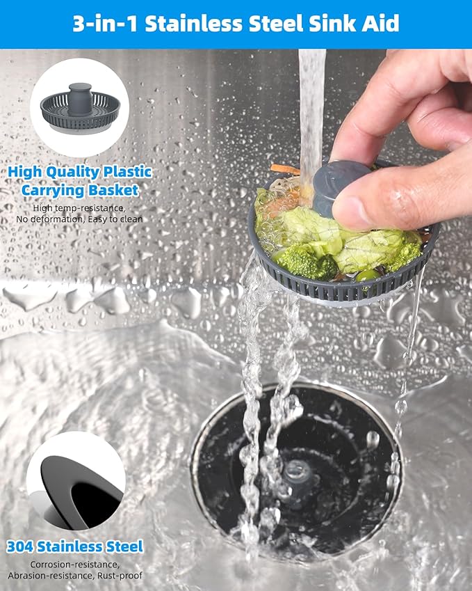 Hibbent Upgraded 3 in 1 Kitchen Sink Drain Strainer and Stopper Combo, Stainless Steel Metal Pop Up Sink Stopper, Anti-Clogging Basket Strainer with Handle for US Standard 3-1/2 Inch Drain, Black