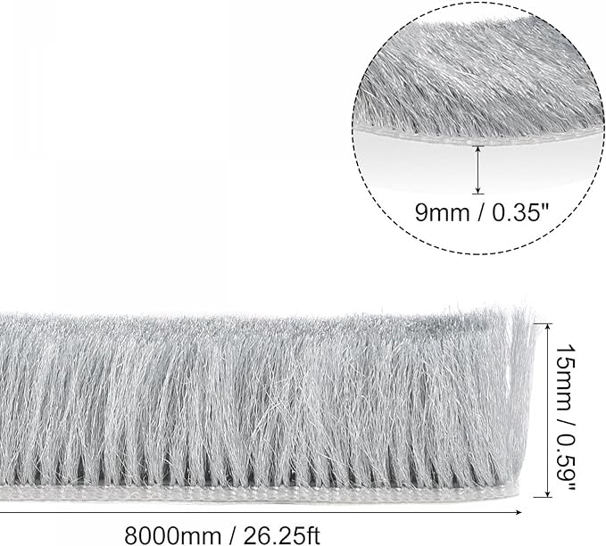 uxcell Weather Stripping Brush, 26ft L x 0.35" W x 0.6" H Self-Adhesive Seal Weatherstrip Sweep Brush Gray for Door Window