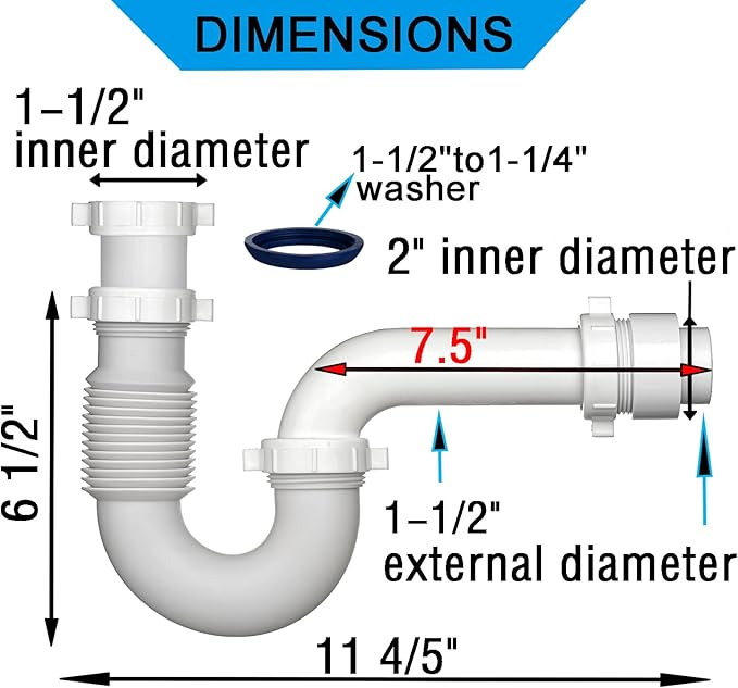 (1 Pack) Yariwiz White P Trap 1-1/2 Inch for Bathroom Kitchen Sink Drain Pipe Tubular Kit with Adjustable J-Bend, Tailpiece, Threaded Adapter and Blue TPE Washer KSD-008W