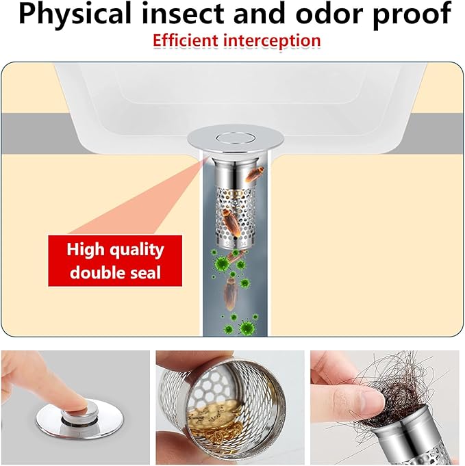 2Pack Bathroom Sink Stopper 1.06"-1.50", Universal Bathroom Sink Drain Pop Up Stopper for US Bathroom Sink Stainless Steel Floor Drain Filter, U.S. Standard Universal Drain Filter (Silver)