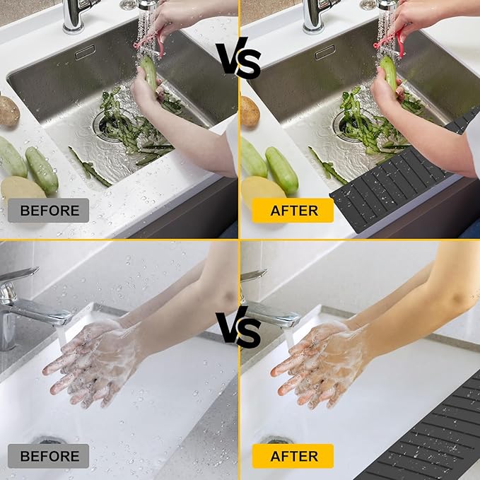 Kitchen Sink Splash Guard, 4" x 30" Sink Edge Protector with Suction Cups, Silicone Sink Mat for Kitchen, Bathroom Sink, Steel, Granite, Quartz Countertops, Multifuctional Sink Accessories (Black)
