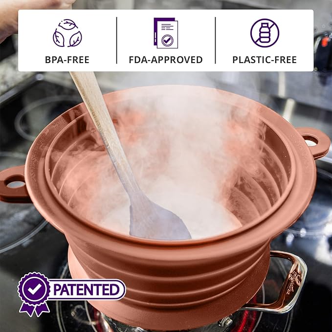 L.I.Q Silicone Splatter Guard – Fits 8 and 10 Inch Pots (20 and 25 Centimeters) – Microwave Safe and Durable SplatterDom - Includes 8” Lid - Food and Oil Splash Guard (Terra Cotta, Small)
