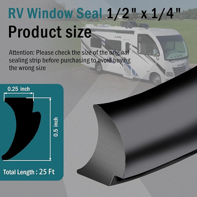 RV Window Seal 1/2" x 1/4", Rubber Windshield Gasket, Glass Edge Weather Stripping for Camper Boat Truck Car Home Application (25FT)
