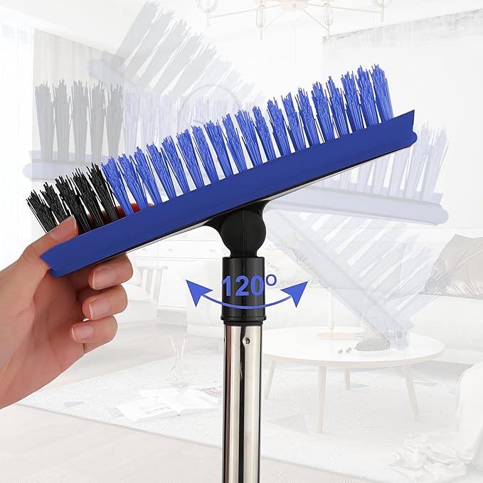 Grout Cleaner Brush with Long Handle, V-Shaped Floor Scrub Brush Swivel Grout Brush Stiff Bristle Floor Grout Scrubber for Bathroom, Tile Line, Crevice, Kitchen, Wall, Deck, Garage (Blue)