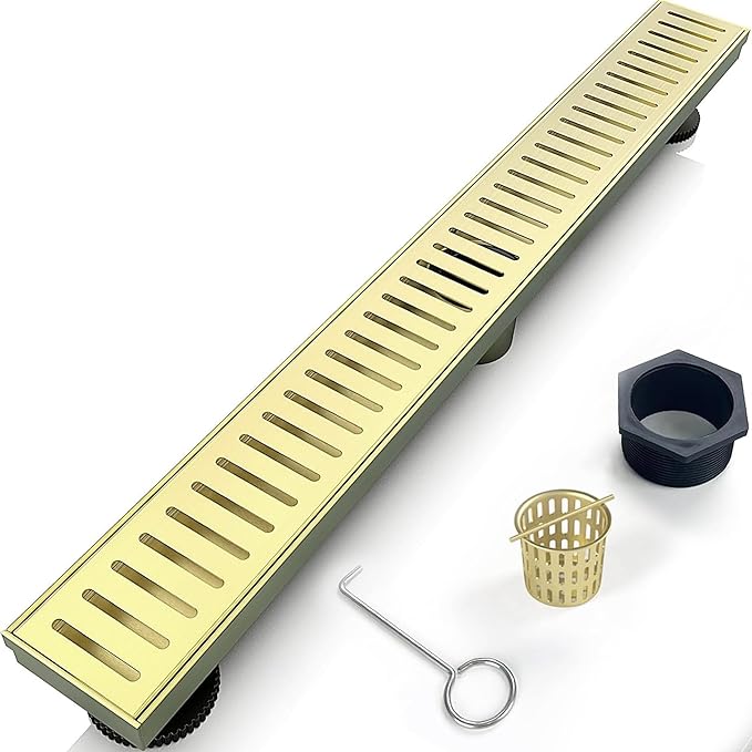 36 Inch Linear Shower Drain Bathroom Kitchen Golden Floor Drain Removable Capsule Pattern Cover Accessories Shower Drain 304 Stainless Steel Drain with Hair Strainer Adjustable Leveling Feet