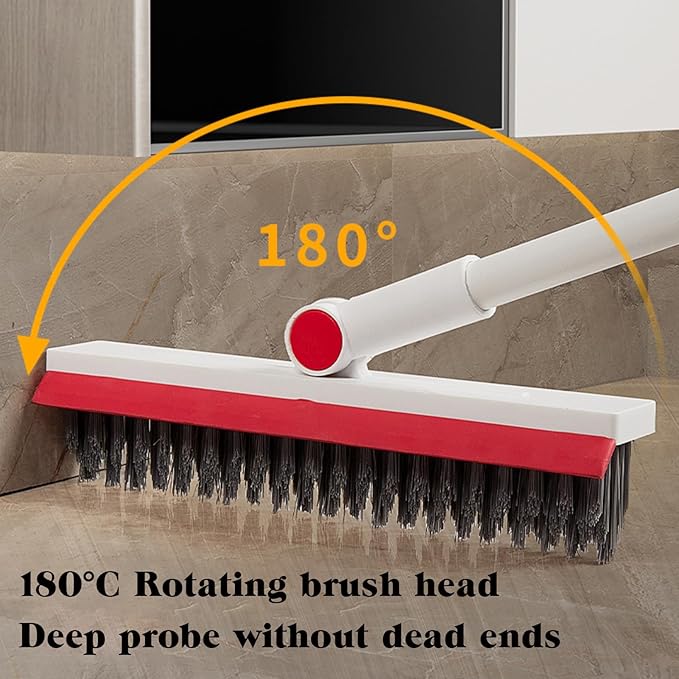 Floor Brush Scrubber with Long Handle Grout Brush Tile Floor Scrub Brush with Squeegee Heavy Duty Deck Brush Stain 180℃ Rotating Crevice Cleaning Brush Stiff Bristle Broom for Bathroom Wall