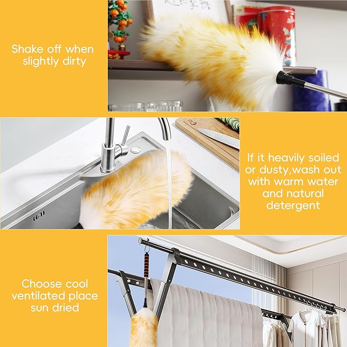 Lambswool Extendable Removable Duster 25-64 Inch Stainless Steel Extension Pole Wool Dusters for Cleaning Ceiling Fans Window Blinds Car Interiors Furniture Dusting,Feather Duster