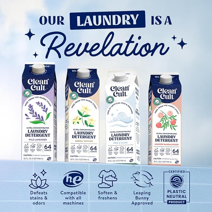 Cleancult Ultra Concentrated Liquid Laundry Detergent, 192 loads (96 oz), Long Lasting Scent, 90% Less Plastic, No Harsh Chemicals, Neroli Vetiver, Defeats Stains & Odors, HE/Standard Compatible