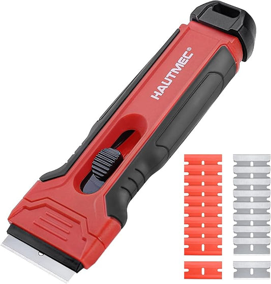 HAUTMEC Razor Blade Scraper Tool With 24Pcs Extra Blades, 10 Plastic Rozor Blades, 14 Carbon Steel Razor Blades, Removing Decals, Stickers, Labels for Glass, Tile, Window, Car, Cooktops 25031