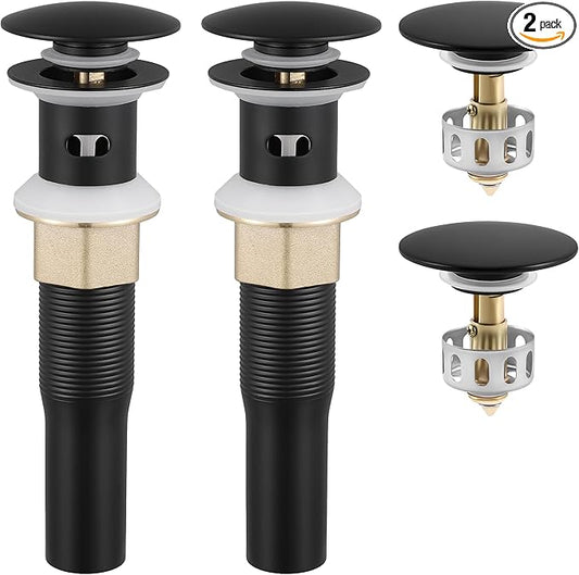 KES All Metal Bathroom Sink Drain with Overflow, 2 Pack, Lavatory Vanity Pop Up Drain with Detachable Hair Catcher, Rustproof 18/8 Stainless Steel, Matte Black, S2013A-BK-P2