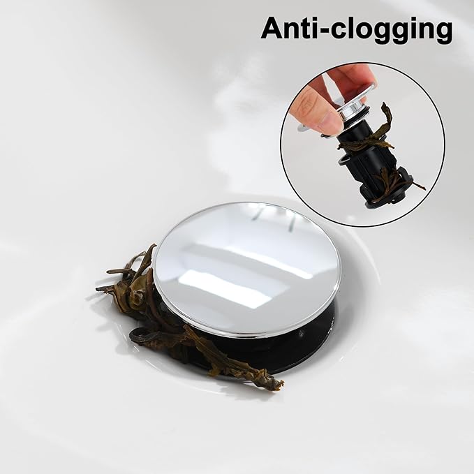 Chrome Pop Up Bathroom Sink Drain, with Overflow Plastic Bathroom Sink Stopper for Faucet Vessel, Push Type Bathroom Sink Vanity Assembly with Strainer