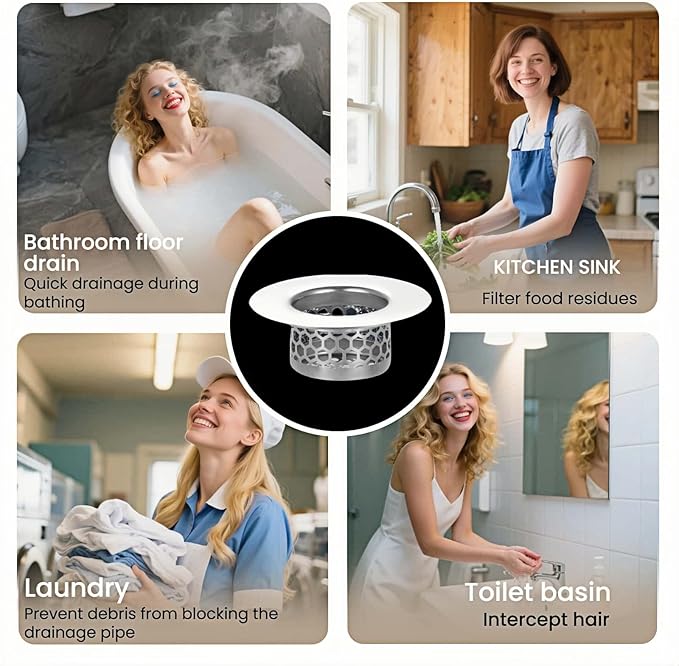 Bathroom Sink & Bathtub Drain Filter Strainer Set - 2 Pack Hair Catcher with Universal 1.25-1.6 Inch Drain Cover for Shower, Vanity, RV Sink - Anti-Clog, Easy-Clean, Gap-Free Design