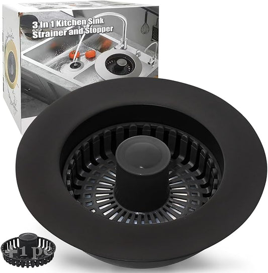 Kitchen Sink Drain Strainer, 3 in 1 Pop Up Kitchen Sink Stopper, with An Extra Basket Strainer, Universal for US Standard 3-1/2 Inch, Black