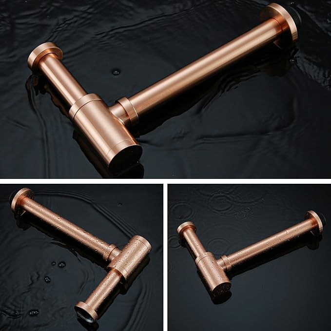 RANDOM Brass Contemporary Round Bottle P Trap 1 1/4 Basin Sink Waste Drain P Trap Kit, Copper Satin, Also Red Antique Copper（Brushed Rose Gold）
