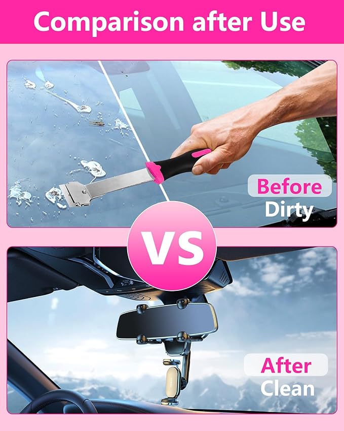 Razor Blade Scraper,Long Handle Razor Scraper with 10 Plastic and 10 Metal Blades - Perfect for Removing Labels, Stickers, Registration Stickers, and Grease from Windshields, Tint, and Glass (Pink)