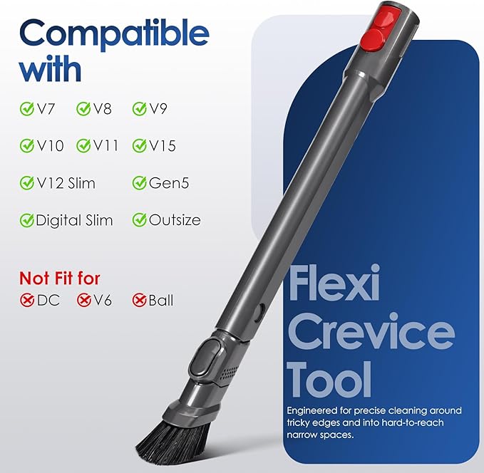 Extendable Flexible Crevice Tool Vacuum Attachments, 971433-01 Quick Release Slim Nozzle Attachment Compatible with Dyson V15 V12 V11 V10 V9 V8 V7 Gen5 G5 Vacuum Cleaner
