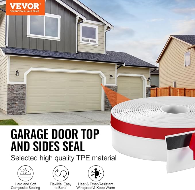 VEVOR Garage Door Seal Top and Sides Seal Strip, 34 FT Universal Weather Stripping Replacement Soft and Hard Composite, Weatherproofing Garage Door TPE Seals with Adhesive Backed and Screws, White
