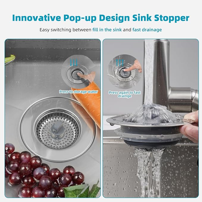 Hibbent 3 in 1 Kitchen Sink Drain Strainer, Stainless Steel Wrapped Shell Drain Stopper Combo, Pop Up Sink Stopper, Stainless Steel Anti-Clogging Basket Strainer for US Standard 3-1/2" Drain
