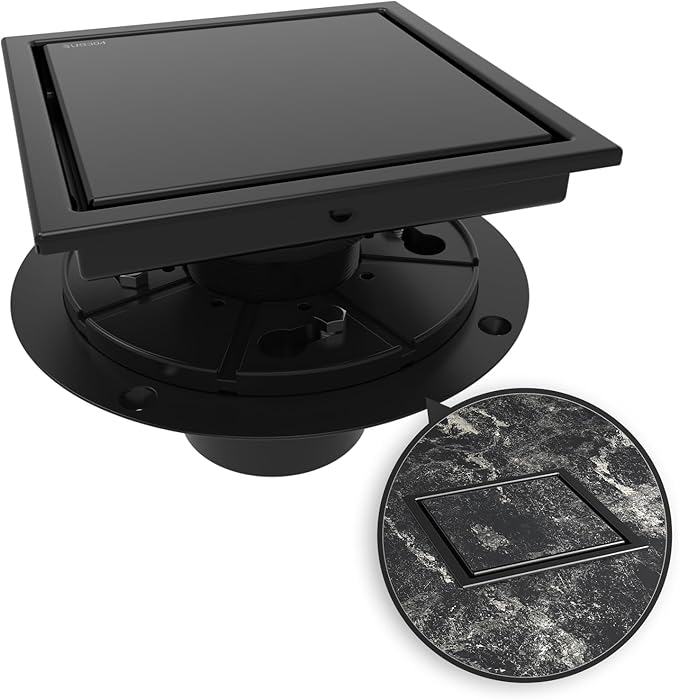 WEBANG 6 Inch Square Shower Drain Black Floor Drain with Flange Reversible 2-in-1 Cover Tile Insert Grate Removable SUS304 Stainless Steel CUPC Certified Matte Black