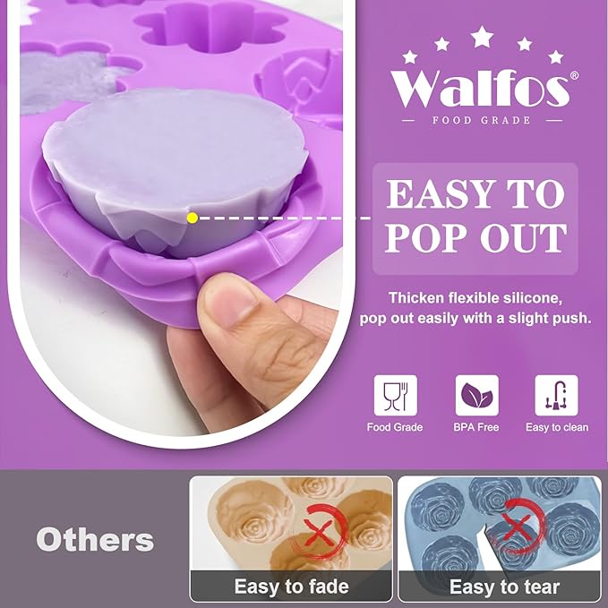 Walfos Soap Molds,4 Pieces Flower and Rectangle Silicone Soap Mold,BPA Free and Dishwasher Safe. Perfect for Homemade Craft Soap, Ice, Mousse, Cake, Jelly.Easy to Pop Out. (Purple)