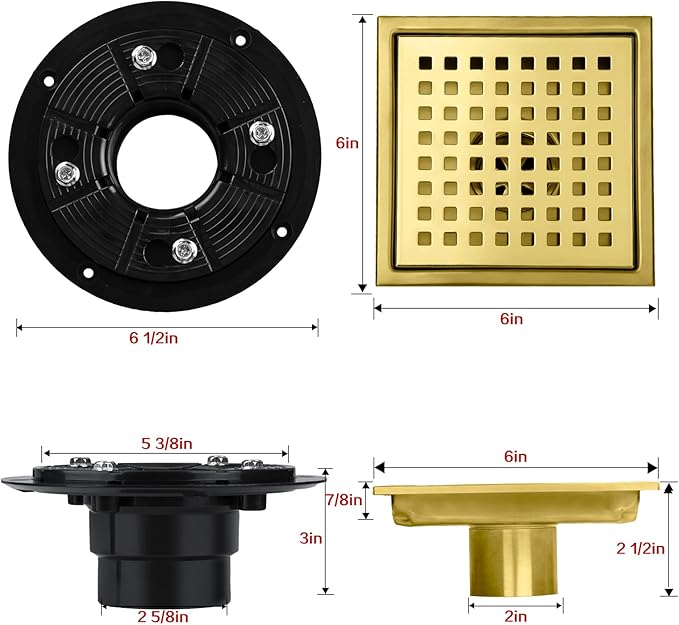 SaniteModar Shower Drain, 6 inch Shower Floor Square Drain with Flange, Removeable Grid Panel SUS 304 Stainless Steel Square Shower Drain, Brushed Gold