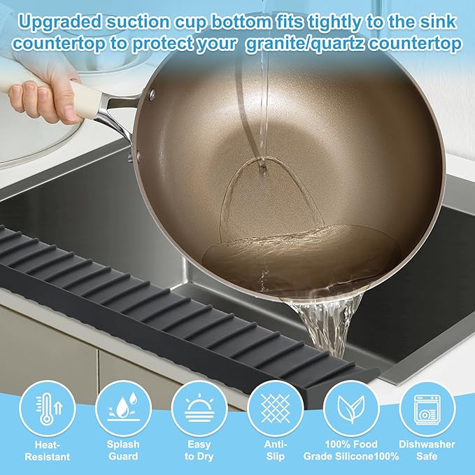 Silicone Sink Edge Protectors 4" x 24", Upgrade Kitchen Sink Splash Guards With Suction Cup, Splash Guard For Bathtub Sink, Countertop Protectors For Quartz Kitchen Sink（Black）