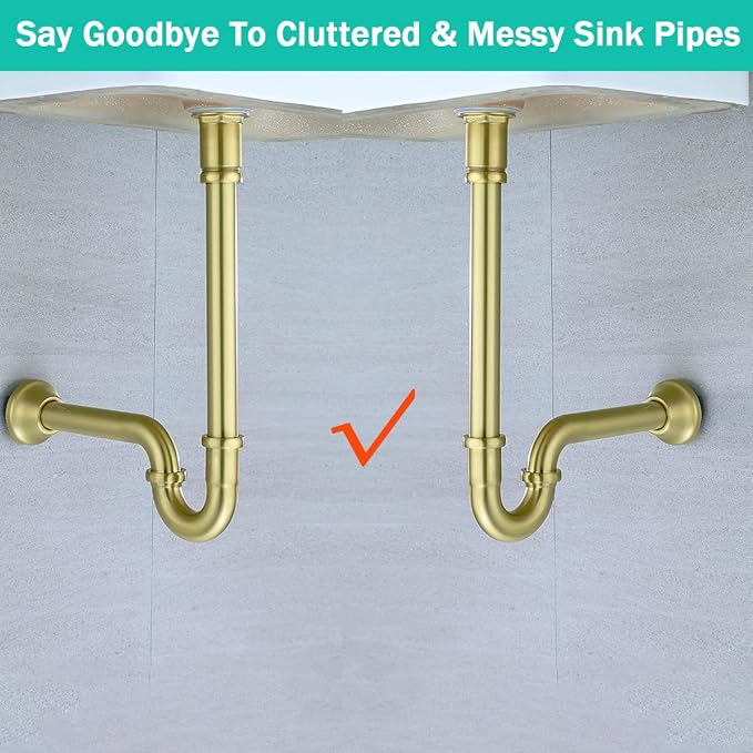 Brass P Trap with Pop Up Drain Stopper With Overflow,U-Shape 1 1/4 Slip Joint Extension Tub Sink Drain Pipe,12 inch Pipe length Adjustable Height Sink Waste Trap Drain Kit,Brushed Gold