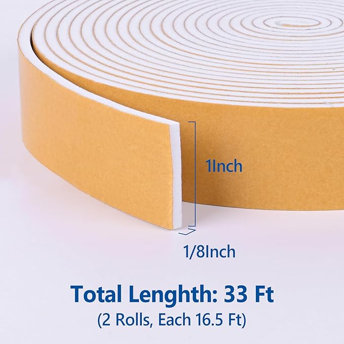 Self-Adhesive Weatherstrip 1in x 1/8in x 33Ft High Density Foam Insulation Strips with Strong Adhesive for Door and Window Sound Isolation