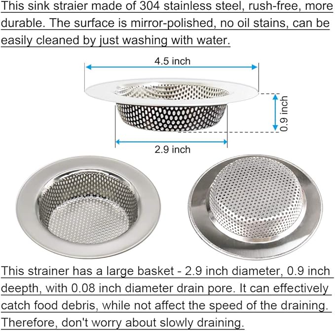 2PCS Kitchen Sink Strainers, Sink Drain Filter, Sink Basket Strainer, 4.5 Inch Stainless Steel Sink Drain Strainer, Food Scraps Catcher for Kitchen