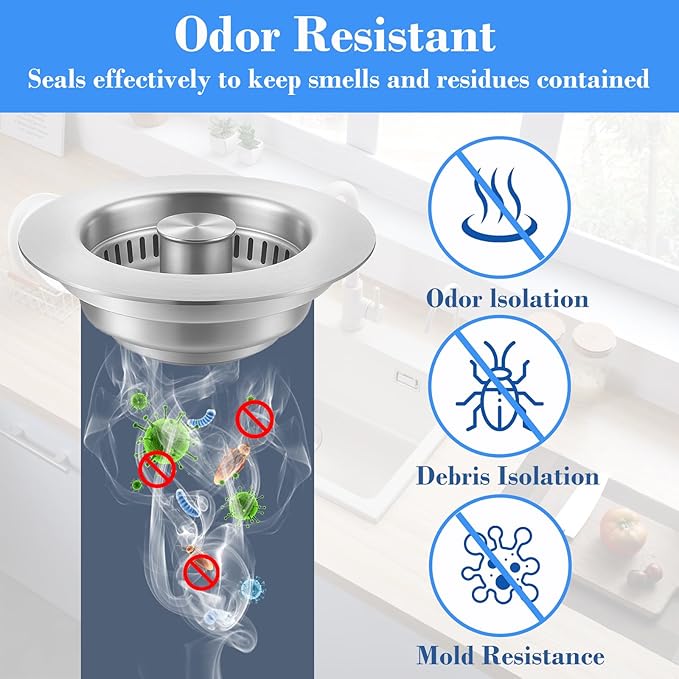 Upgraded 3-in-1 Kitchen Sink Drain Strainer with Solid Brass Core, Fast-Drain Pop-Up Sink Stopper, 304 Stainless Steel, Removable Anti-Clog Basket, for US Standard 3-1/2'' Drains