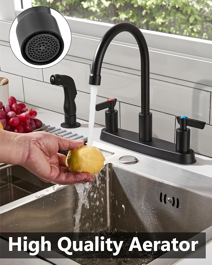 Kitchen Faucet with Sprayer 2 Handle Kitchen Sink Faucets 8 Inch Centerset 3 Hole with Supply Lines Matte Black