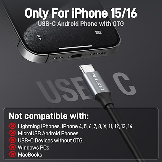 Teslong 50FT USB-C Borescope Camera with Light, Only Compatible with iPhone 15/16/17 Android Phones, 50 ft Flexible Waterproof Endoscope for DIY Pipe Inspection with Drain Snake