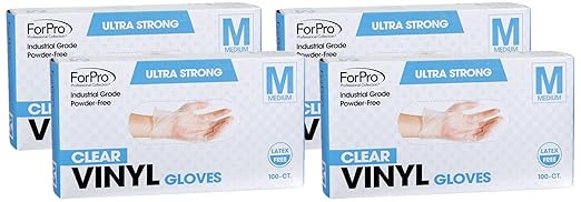ForPro Disposable Vinyl Gloves, Clear, Industrial Grade, Powder-Free, Latex-Free, Non-Sterile, Food Safe, 2.75 Mil. Palm, 3.9 Mil. Fingers, Medium, (Pack of 400)